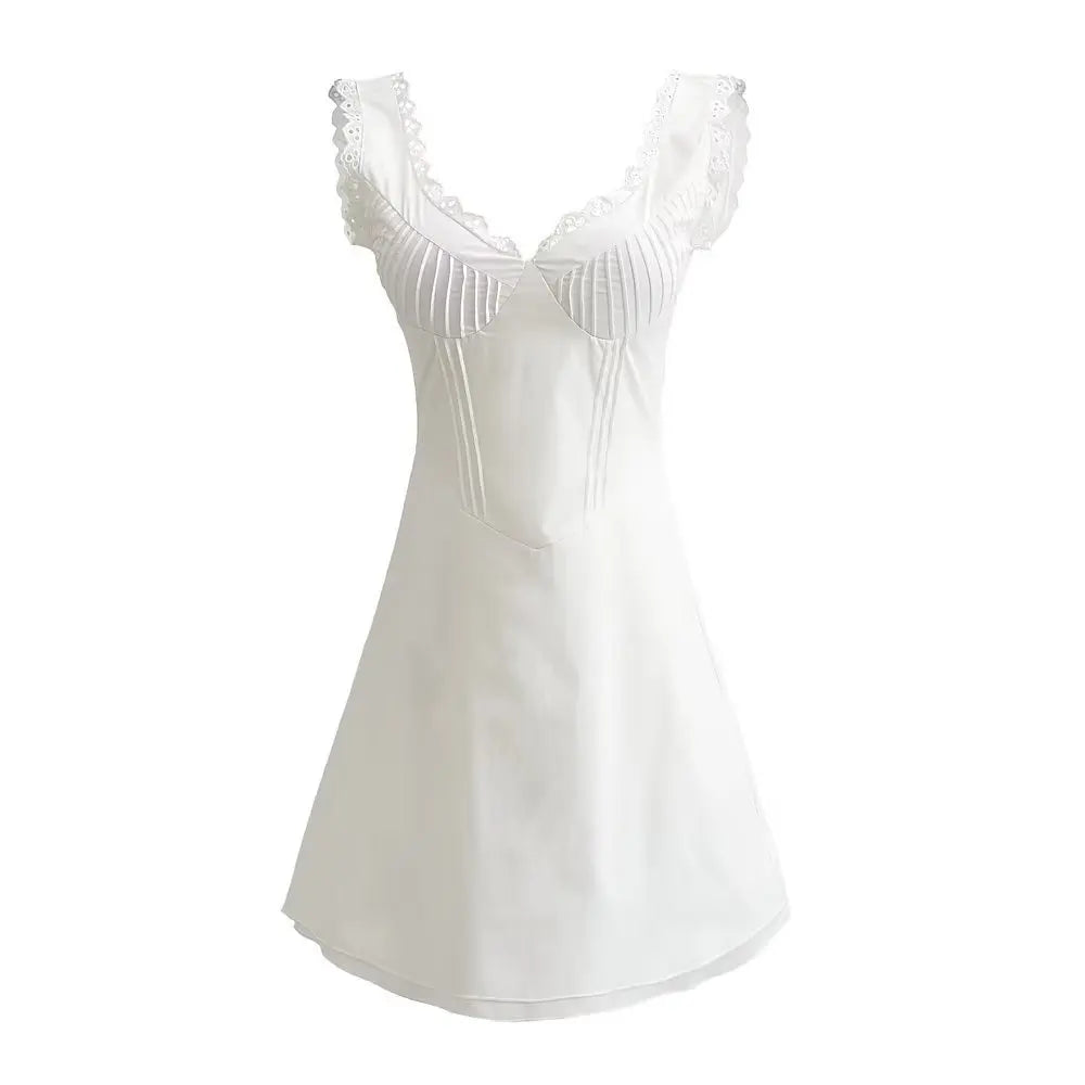 PICSGIRL -  Women Summer Strap V Neck White Lace Tilly Black Pin Tuck A line Corset Mini Dress