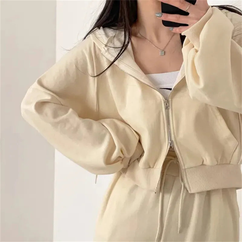 Women Pants Suits 2023 New Fall Korean Style Long Sleeved Zipper Top High Waist Casual Female Loose Sports 2 Piece Pants Sets