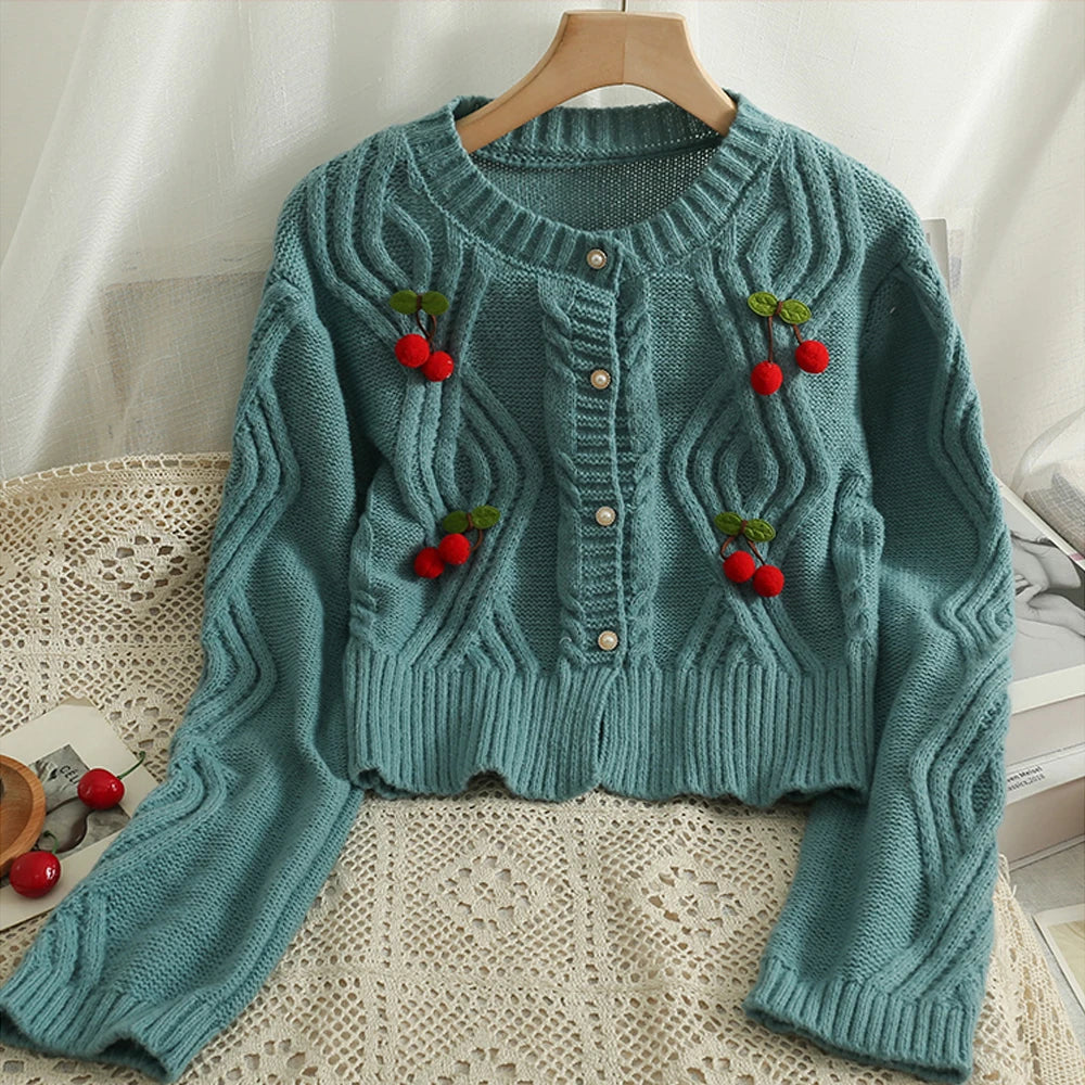 YuooMuoo Chic Fashion Cherry Knitted Cardigan Women Autumn Cute Button Up O-neck Long Sleeve Coat Streatwear Lady Y2K Sweaters