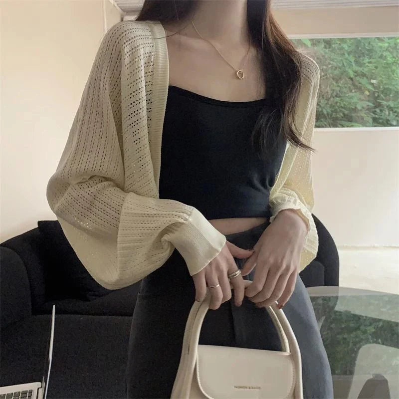 Rimocy Sunscreen Crop Knit Cardigan Women Korean Style Solid Color Thin Cardigan Coat Woman Simple Long Sleeve Smock Top Ladies