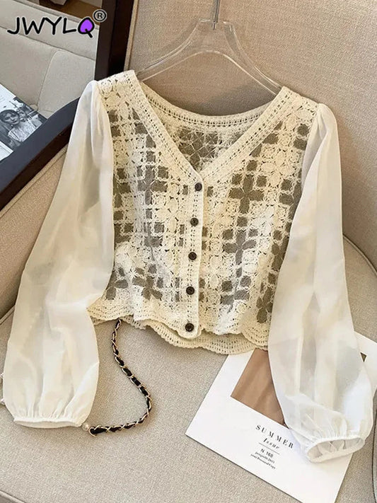 Vintage V-nevk Single Breasted Lace Embroidery Blouses For Women Elegant Thin Chiffon Shirt Tops Casual Loose Long Sleeve Blusas