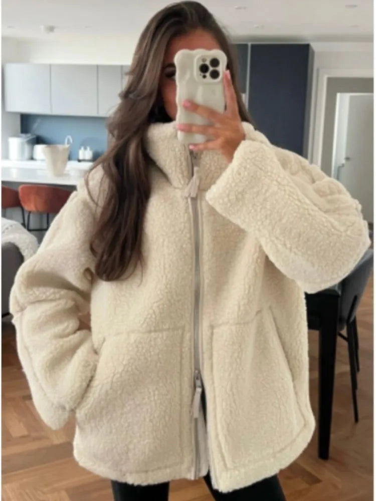 Elegant Solid Lamb Wool Warm Coat Women Fashion With Pocket Zipper Long Sleeves Jackets 2023 Autumn Casual High Street Outwear