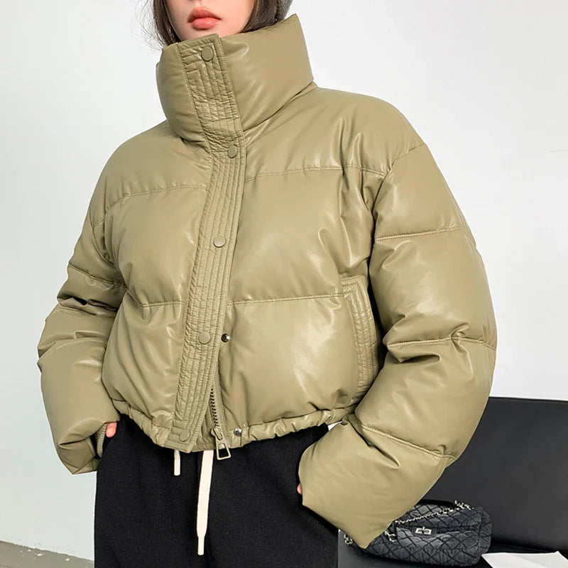 Gidyq Winter Pu Leather Cropped Parkas Women Fashion Streetwear Thick Warm Down Jacket Female All Match Zipper Puffty Outerwear