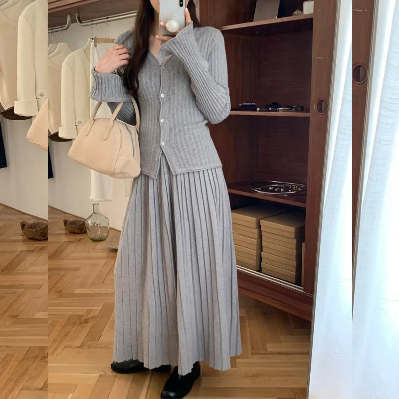 Autumn New Pleated Skirt Suit Women Korean Simple Knitted Top High Waist Skirt 2 Piece Set Winter Office Lady Elegant Outfit