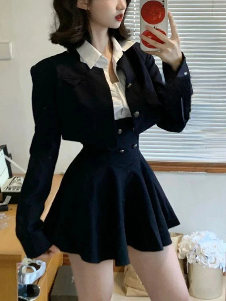 warmmeta Preppy Style Vintage Fashion Suit Woman White Shirt + Short Coat + High Waist Slim Y2k Mini Dress Japanese Elegant Set Chic