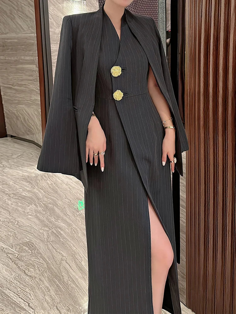 Women's 2 Pieces Sets Fashion Striped Suit Jacket V-neck Sleeveless Single Breasted Slit Dress Autumn 2024 New