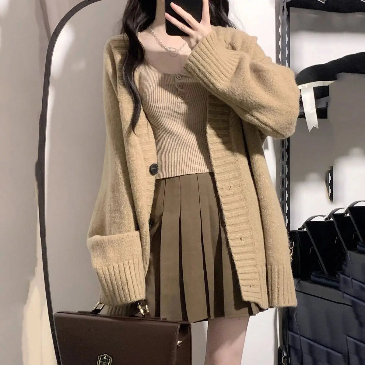 warmmeta Suit women's autumn and winter new lazy knitting cardigan sweater coat suspender vest high waist slim pleated skirt