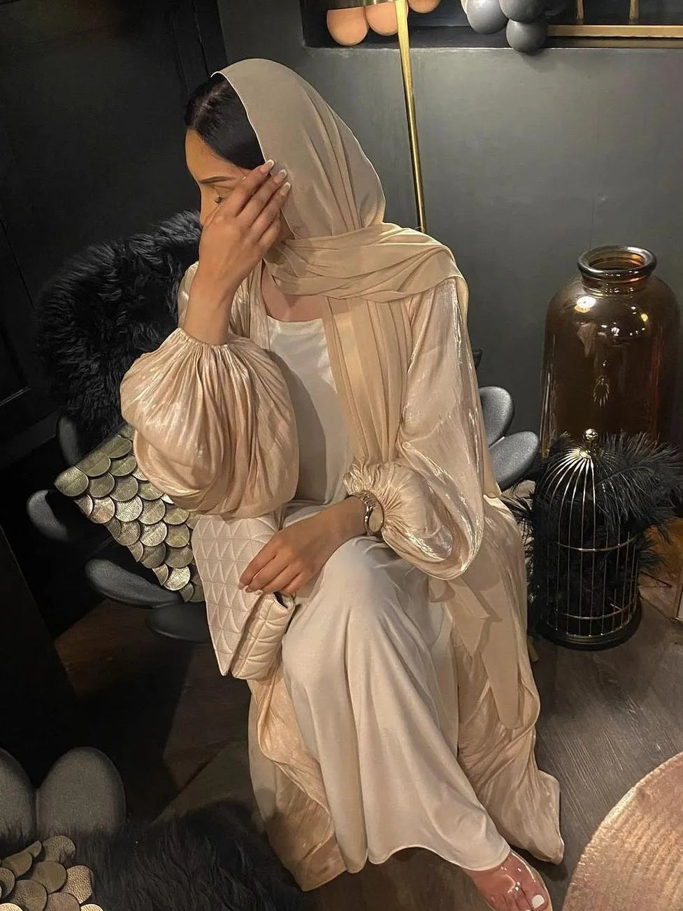 warmmeta-Eid Djellaba Abaya Dubai Shiny Soft Cuff Sleeves Muslim Dress Silky Kimono Dubai Turkey Muslim Dress Islam Abayas With Belt WY56