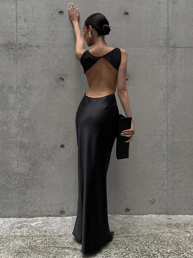 Sexy Hollow Out Backless Black Satin Dress For Women Elegant Round Neck Sleeveless Bodycon Maxi Dresses Fashion Party Club Robes