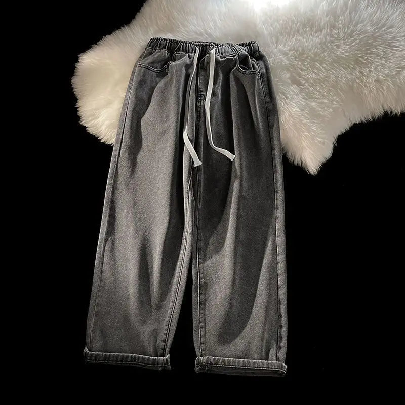 Autumn and Winter Padded and Thickened Jeans Men's Loose Straight Elastic Waist Wide-leg Trousers Casual Trousers