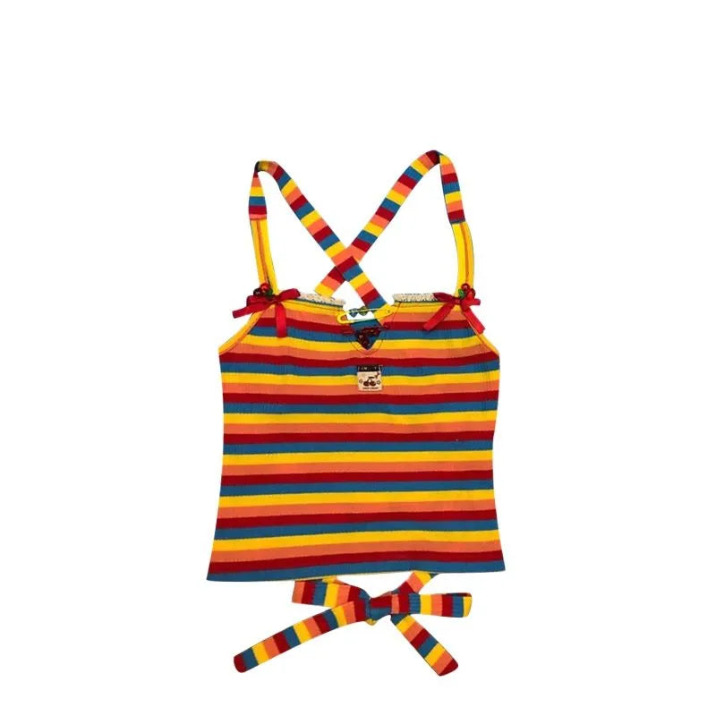 Summer Spicy Girls Wear Rainbow Stripes Sexy Dopamine Mini Straps Women's Sweetheart Tank Top Open Back Short Top