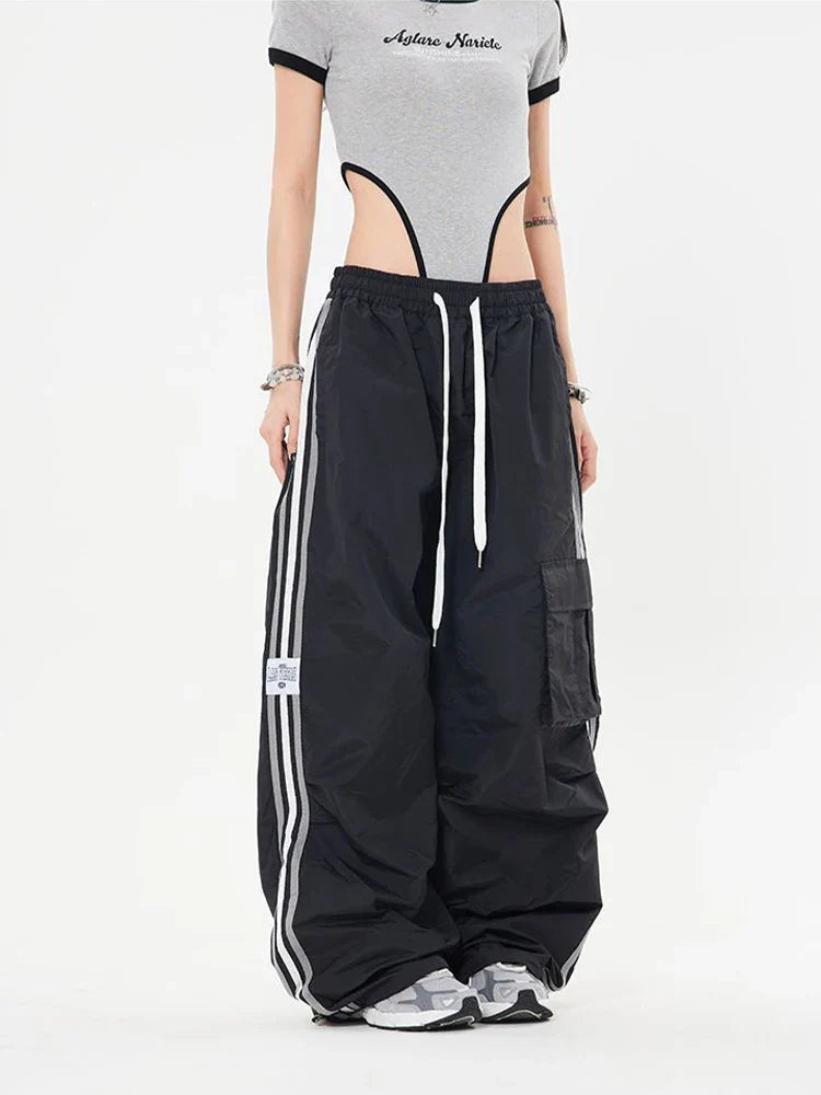 warmmeta 2 Y2K Kpop Cargo Pant Women Drawstring Pockets Wide Leg Chic Punk Pants Baggy Striped Sports Sweatpants Parachute Jogger Trousers