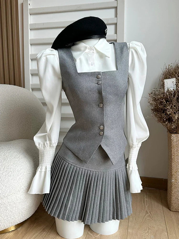 Formal Occasion Kpop Outfits 3 Piece Set Lapel Collar Blouses + Wrap Hip High Waist Skirts Coquette + Chic Vest Japanese Fashion