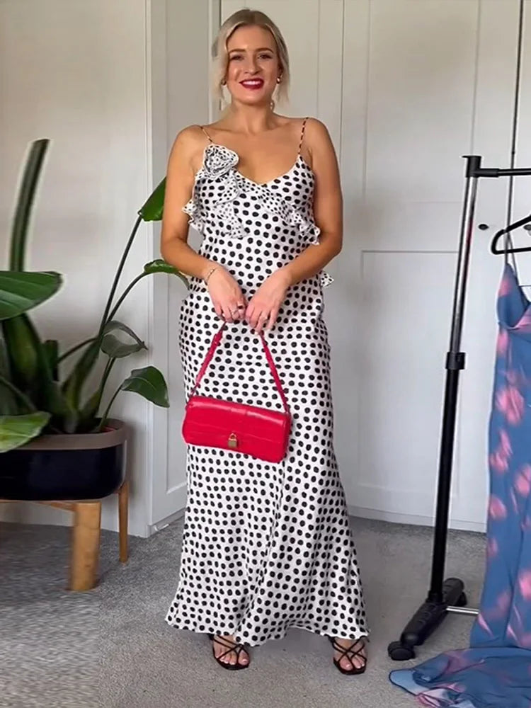 Vintage Polka Dot Printed Women's Maxi Dress Sexy Skinny V Neck Backless Suspender Vestidos 2024 Summer Lady Party Elegant Robe