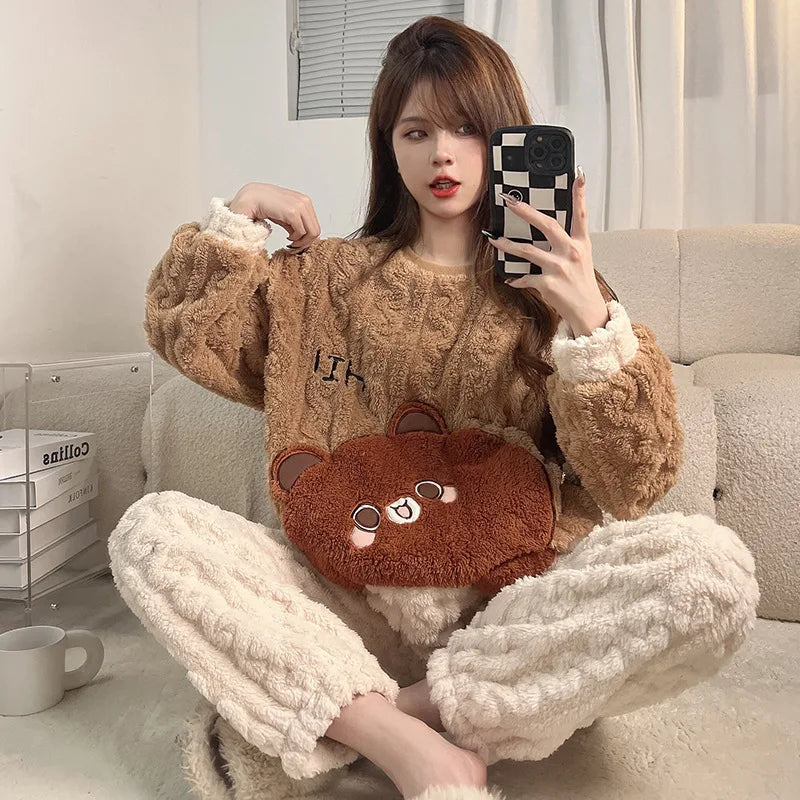 Winter Thicken Women Pijamas Sets Korean Girls Soft Warm Sleepwear Pyjama Pour Femme Cartoon Bear Cute Pajamas Long Sleeve Pants