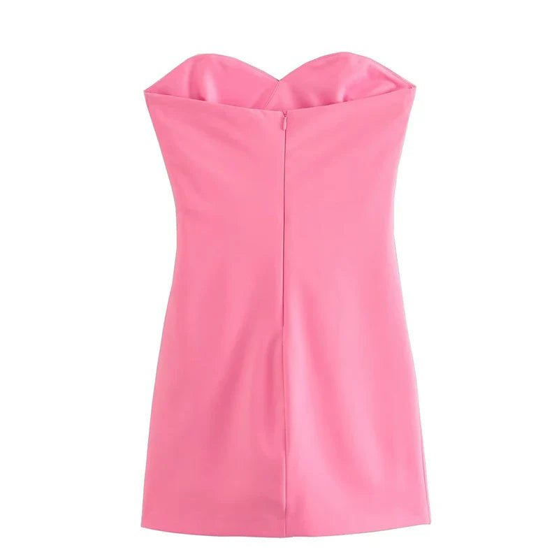 WARMMETA New Fashion Women Pink Ruched Strapless Dress Sleeveless Back Zipper Female Party Mini Sexy Vestidos