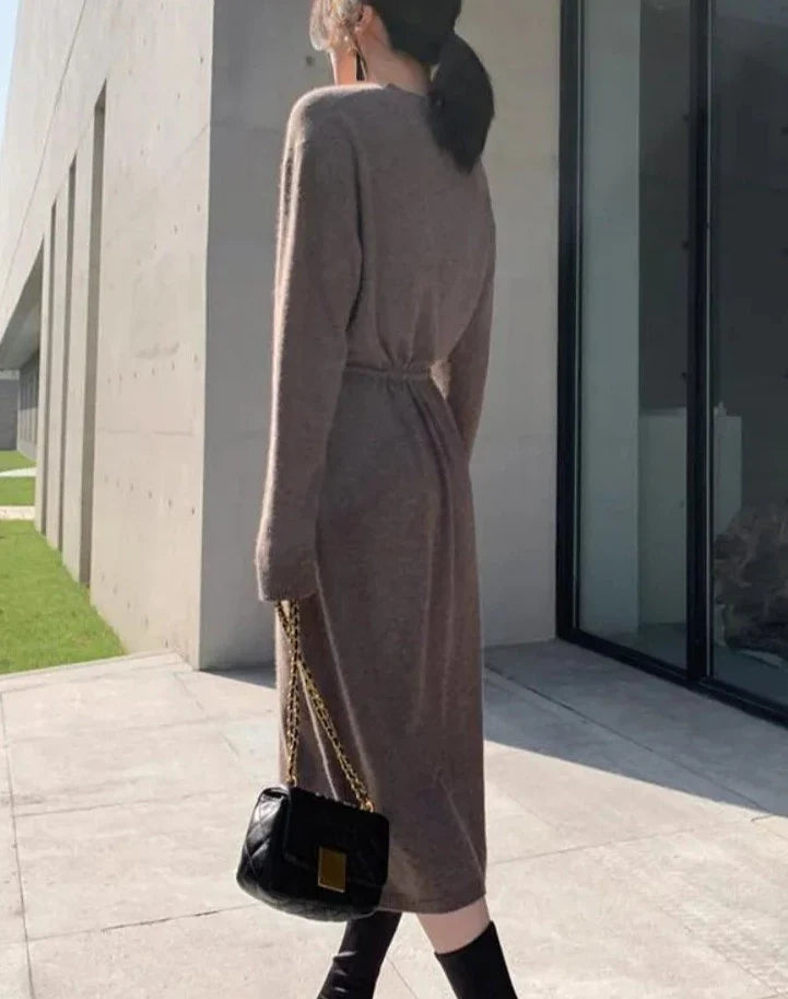 Sweater Dress for Women Autumn Winter Mid Length Underlay Outwear Over Knee Drawstring Waist Elegant Knit Dress Women's Clothing