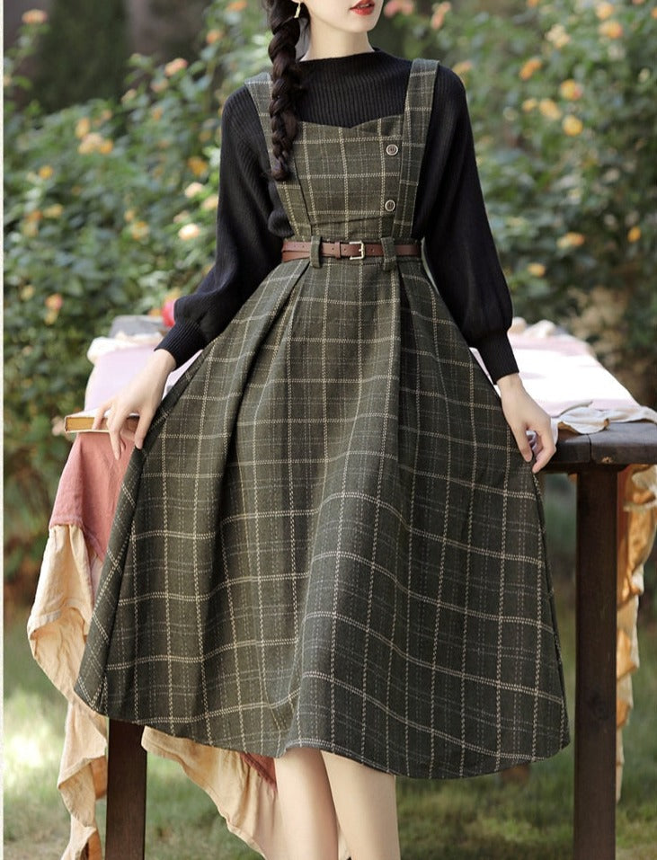 Forest Witch 2-Piece Dark Academia Wool Plaid Dress Set