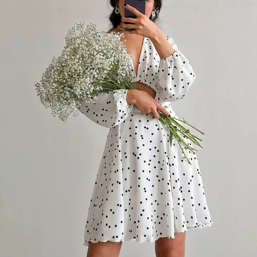 Picsgirl -  Summer Women's Long Sleeved Polka Dot Printed Dress V-neck Hollow Bubble Sleeve Temperament Slim Fit Flower Bud Skirt Women 2024