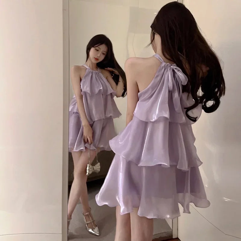 WARMMETA Woman Dress Elegant Sweet Sleeveless Ruffles Mesh Loose Summer New Cake Mini Dresses Solid Sexy Female Casual Fairy