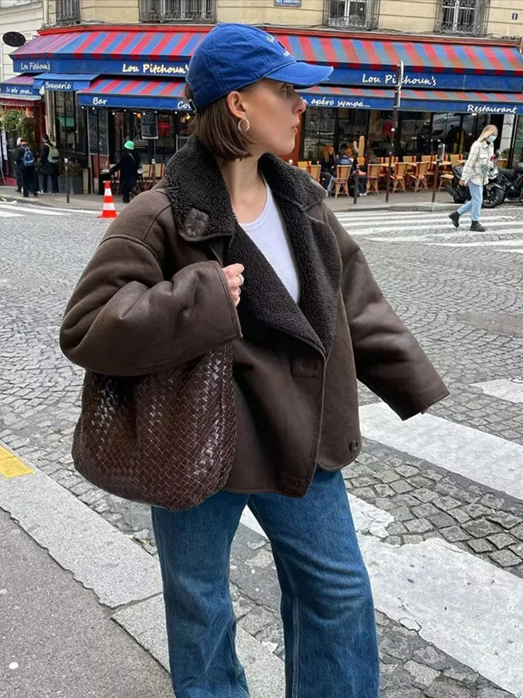 Winter Faux Fur Thick Lapel Coat For Women 2023 Long Sleeve Jacket Female Warm PU Overcoat Ladies With Pockets Streetwear