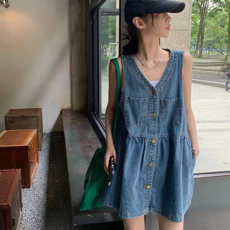 Biyaby Sleeveless Strap Dress Women 2023 Summer Single-Breasted Pockets Denim Dresses Woman Korean Style Loose A Line Mini Dress