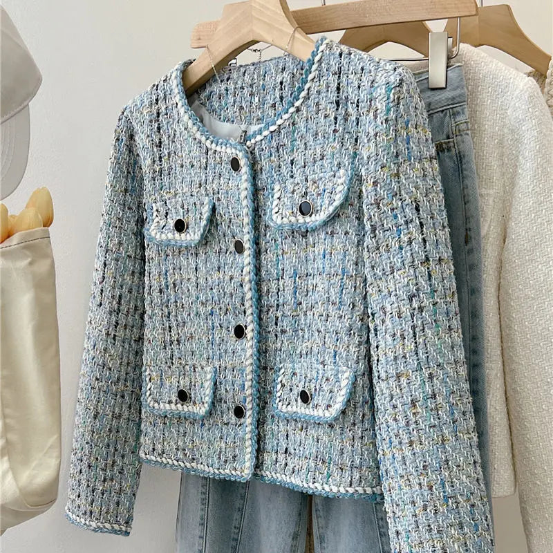 2024 Autumn Winter New Blue Tweed Knitted Coat Women's French Style Overcoat Small Fragrant Style Outwear Suit Top Short Jacket