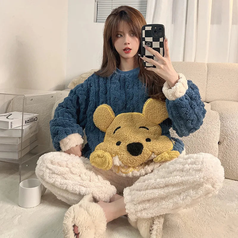 Winter Thicken Women Pijamas Sets Korean Girls Soft Warm Sleepwear Pyjama Pour Femme Cartoon Bear Cute Pajamas Long Sleeve Pants