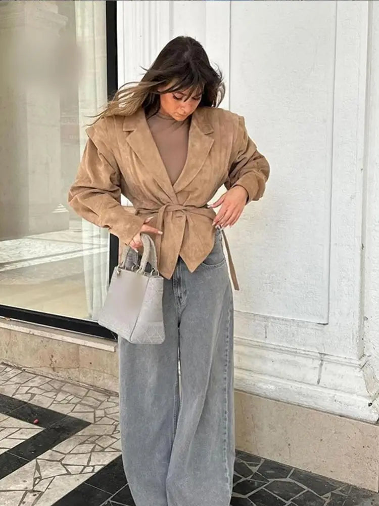 Fashion Solid Irregular Hem Lapel Jackets With Belt Women Elegant Long Sleeve Button Pleated Coats 2024 New Lady Chic Outerwear