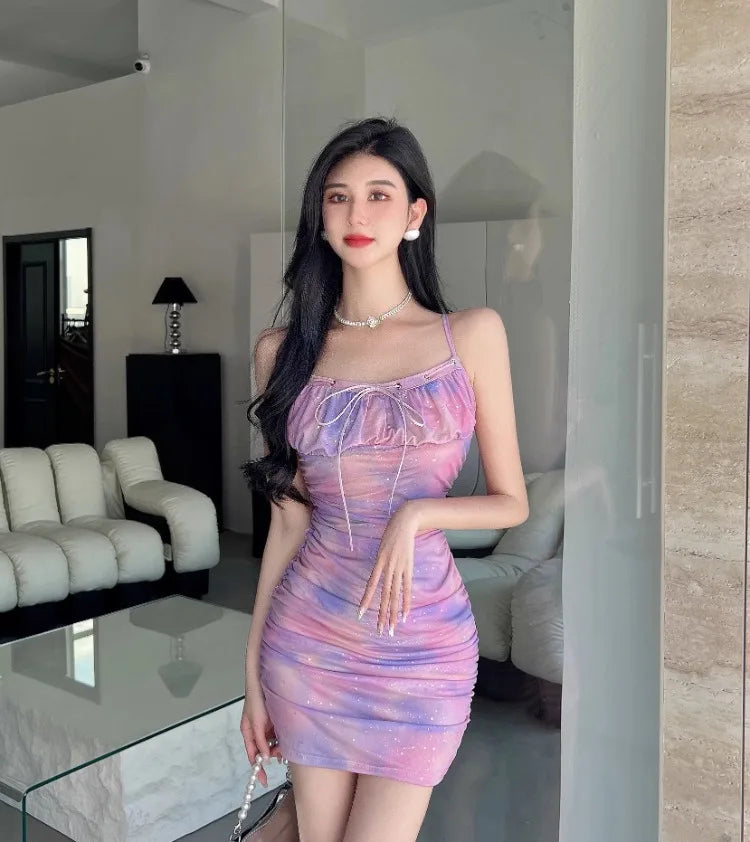 WARMMETA Mini Dresses Women Sleeveless Mesh Bandage Patchwork Tie Dye Ruched Vintage Slim Party Dress Backless Female Clubwear