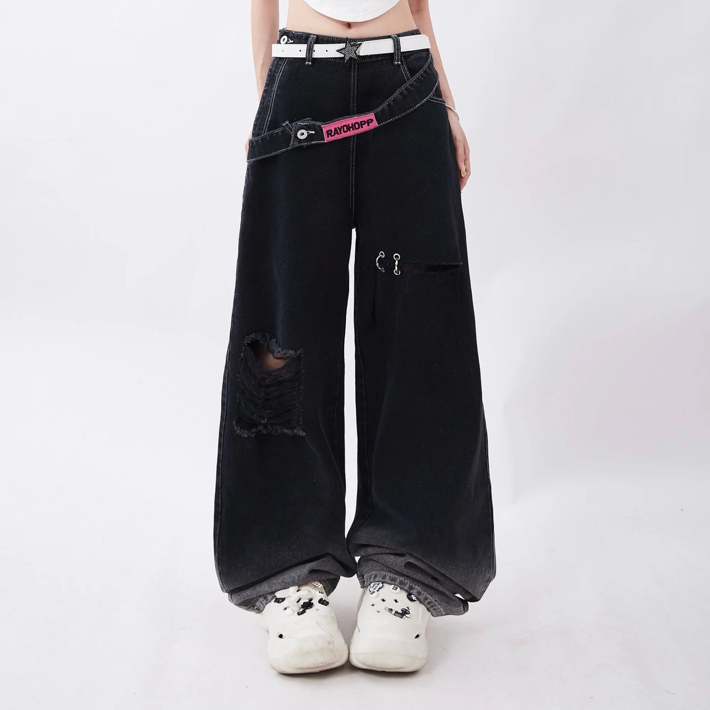 Oversized Red Jeans Women's Summer Fashion Retro Hole Gradual Design Dopamine Wearing Straight Pants