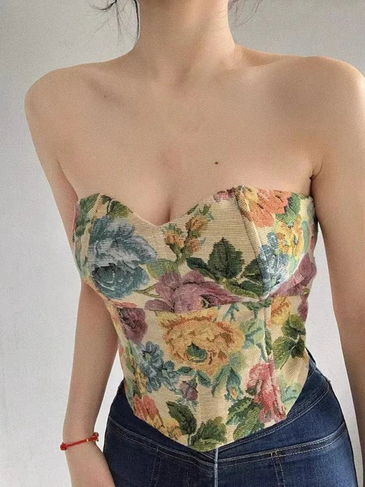 Textured Floral Corset Top Summer Vintage Embroidery Off Shoulder Strapless Tube Slim Fit Teen-girl Crop Tank Tops Outfit