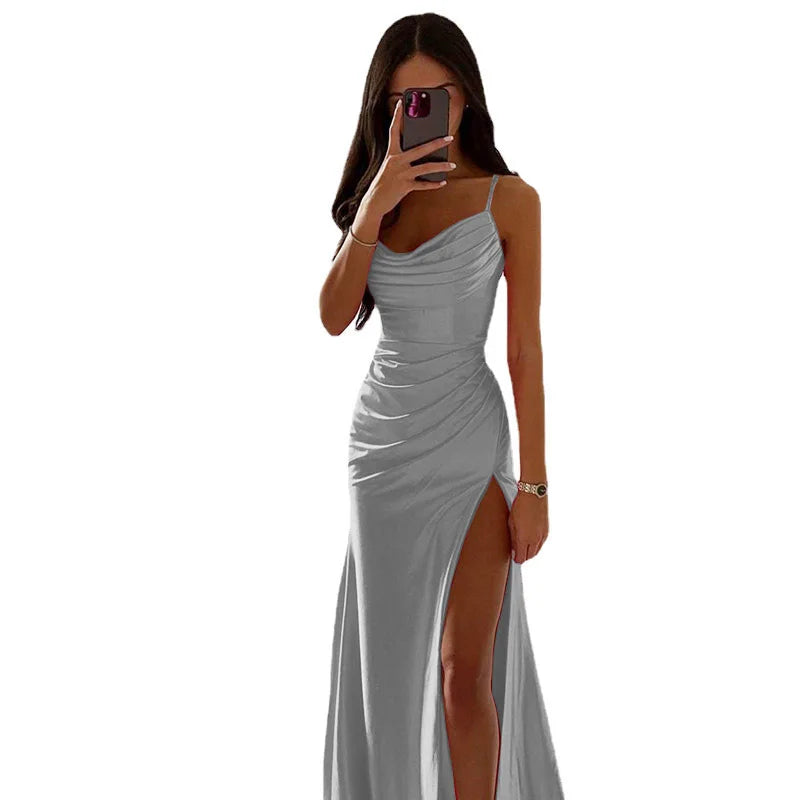 WARMMETA Satin Backless Side Split Maxi Dress Women 2024 Summer Sexy Slim Off Shoulder Ruched Bodycon Female Party Evening Dresses