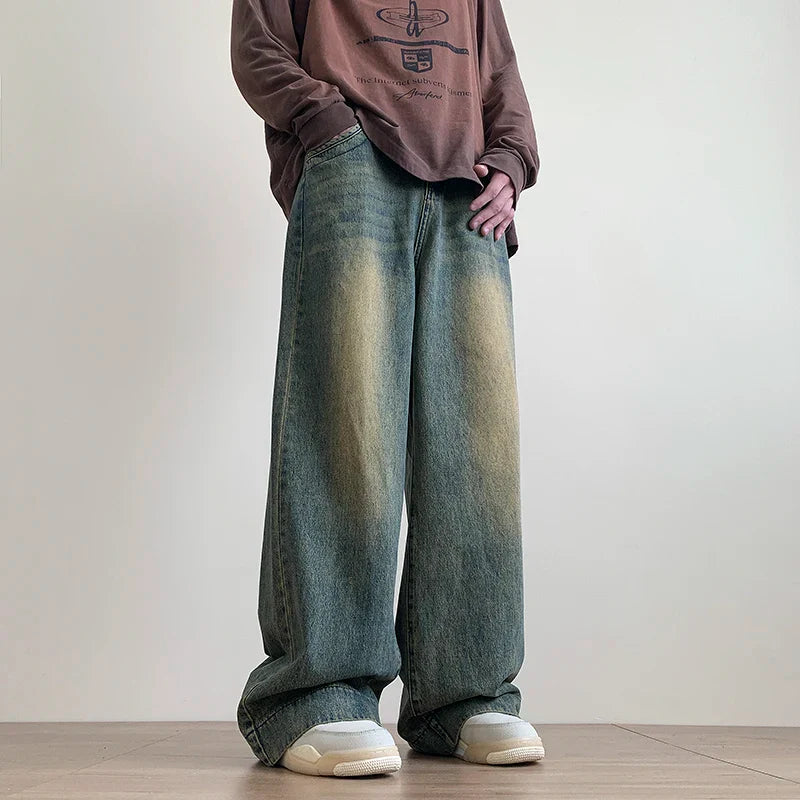 warmmeta-Distressed Vintage Blue Jeans Pants Men Wide-leg Denim Trousers Male Oversize Streetwear Fashion Casual Baggy Straight Jeans