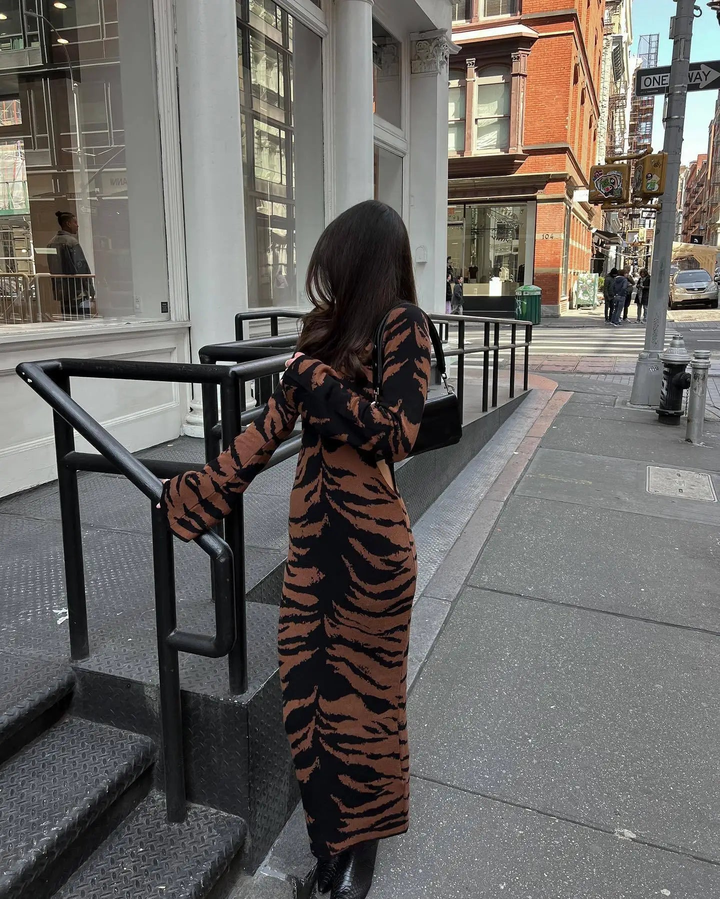 PICSGIRL -  Elegant Leopard Print Knitted Maxi Dress Women Flare Sleeve Slim Sexy Waist Cut Out Vestidos Street Fashion Party Long Dresses