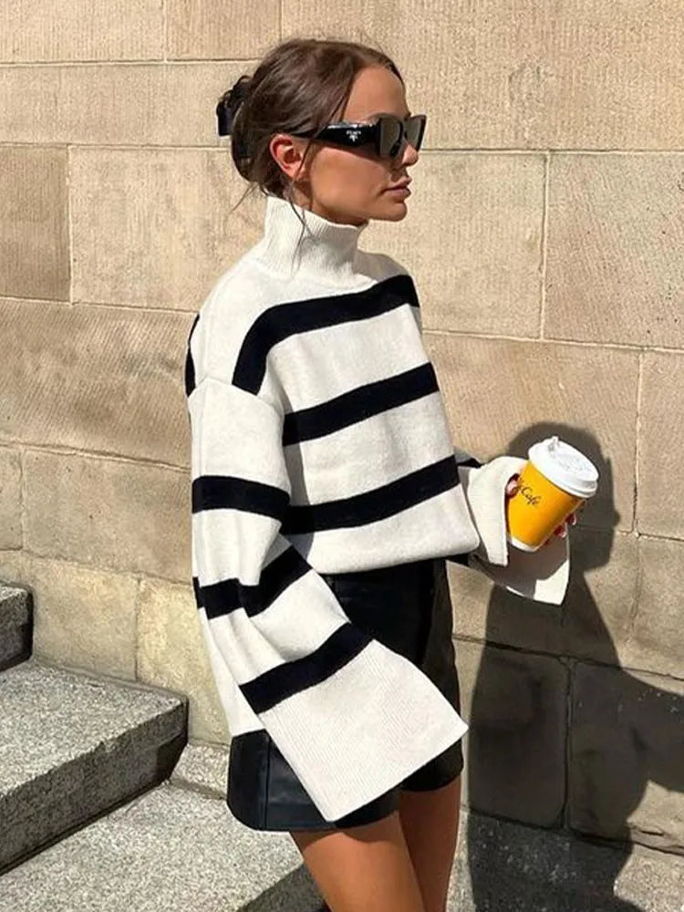 Striped Print O Neck Long Sleeve Pullover For Women Fashion Chic Long Sleeve Sweaters Autumn Winter Casual Loose Streetwear