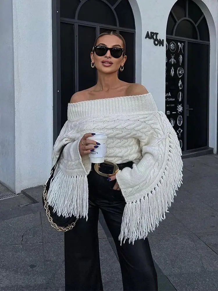 Thicken White Tassel Off Shoulder Sweater Women Elegant Slash Neck Long Sleeve Short Pullover 2024 Spring Lady Knitted Jumpers