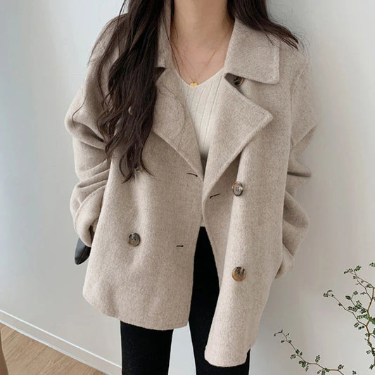 Women's Woolen Jacket Korean Chic Winter Short Coat Double Breasted Loose Casual Long Sleeved Thick Warm Wool & Blends for Women