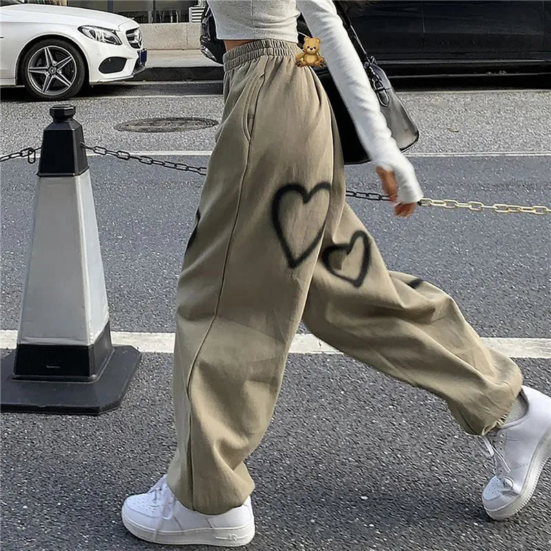 Korean Oversize Pants Heart Printing Pants Casual Loose High Waist Hallen Pants Streetwear Hip Hop Straight Trousers  Joggers