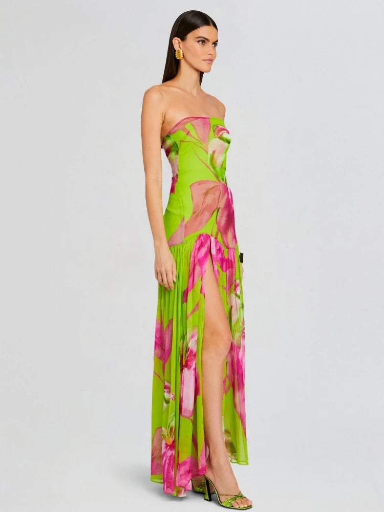 Summer Sexy Strapless Print Slit Long Dress Women Green Sleeveless Printed Floral Dresses Beach Holiday Party Sundress