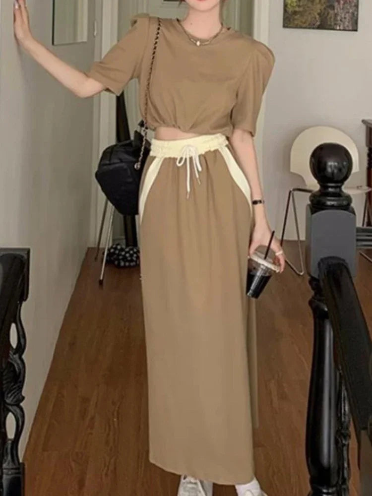 Two-piece Suit New in Fashion Elegant O-neck Puff Sleeve Top Button Pockets Elasticity High Waist Long Dress Women's 2-piece Set