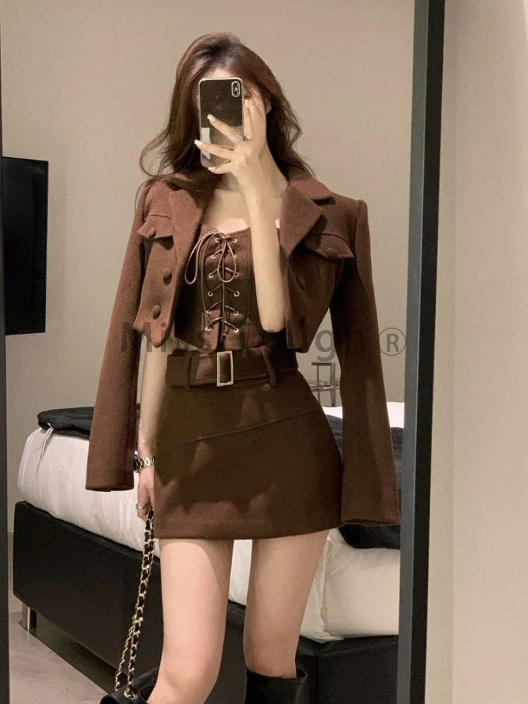 Winter Warm Elegant Strap Skirt Suit Women Brown France Vintage 3 Piece Set Female Korean Fashion Casual Designer Party Set 2023