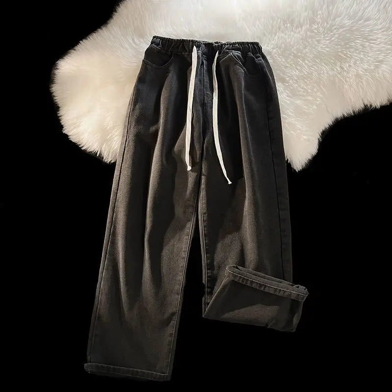 Autumn and Winter Padded and Thickened Jeans Men's Loose Straight Elastic Waist Wide-leg Trousers Casual Trousers