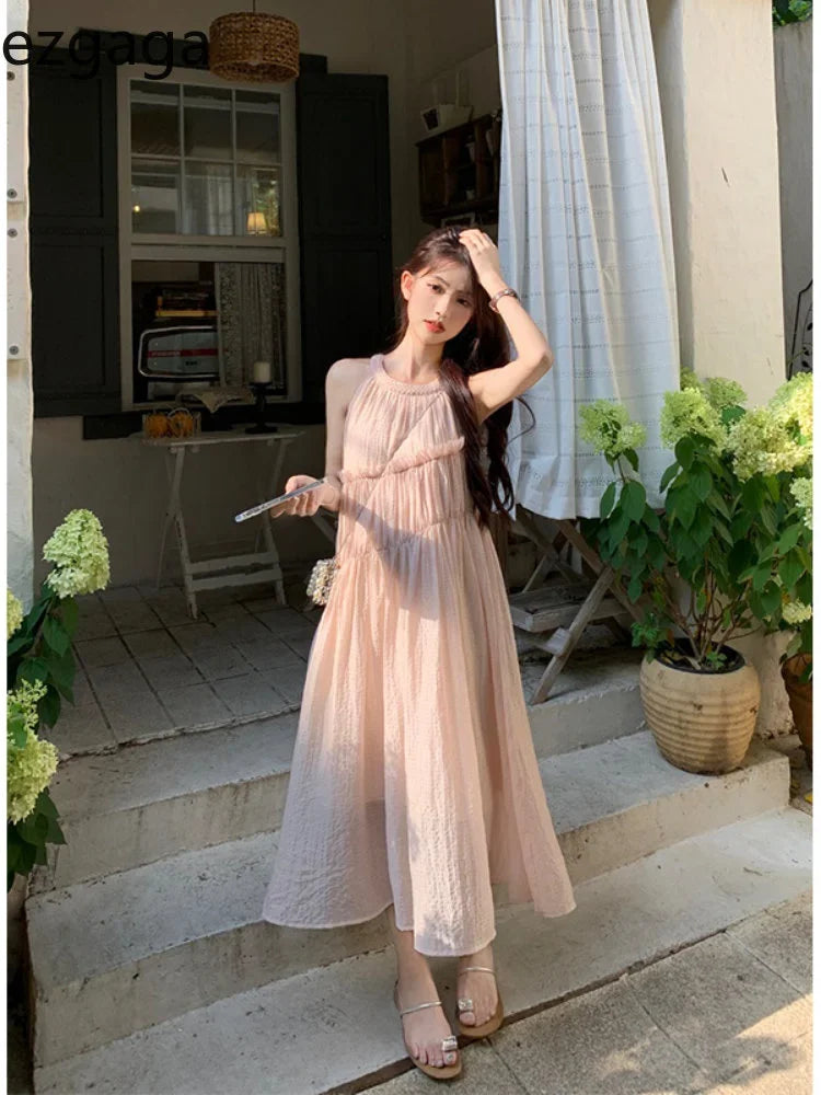 WARMMETA Dresses Women Sleeveless Patchwork Ruffles Summer New Loose Solid Chic Sweet Elegant Dress Female Fashion Casual