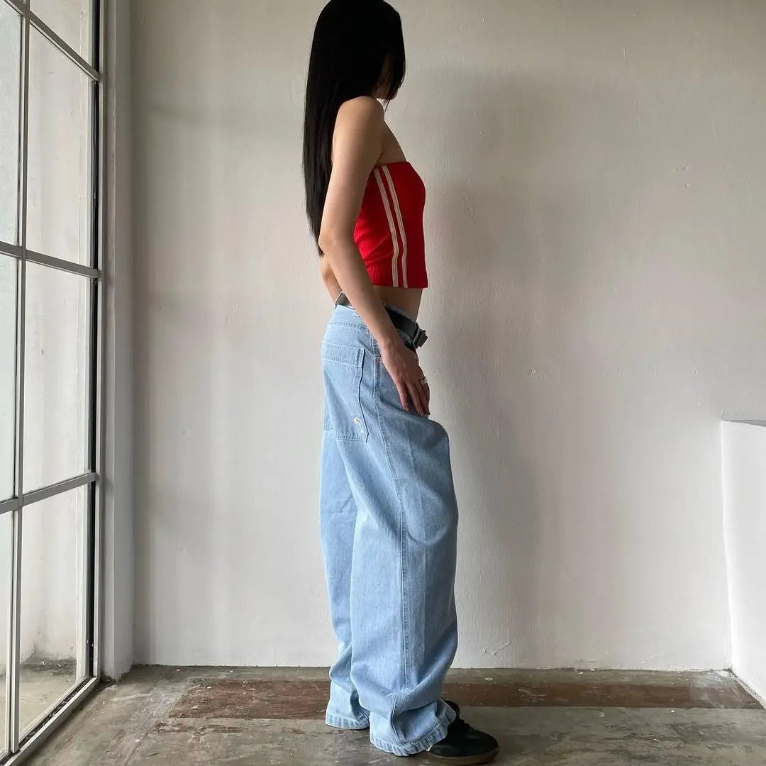 American Simple Retro Pocket Embroidered Jeans Women's Loose Wide-leg High Street Classic Trend Fashion Casual Straight Pants