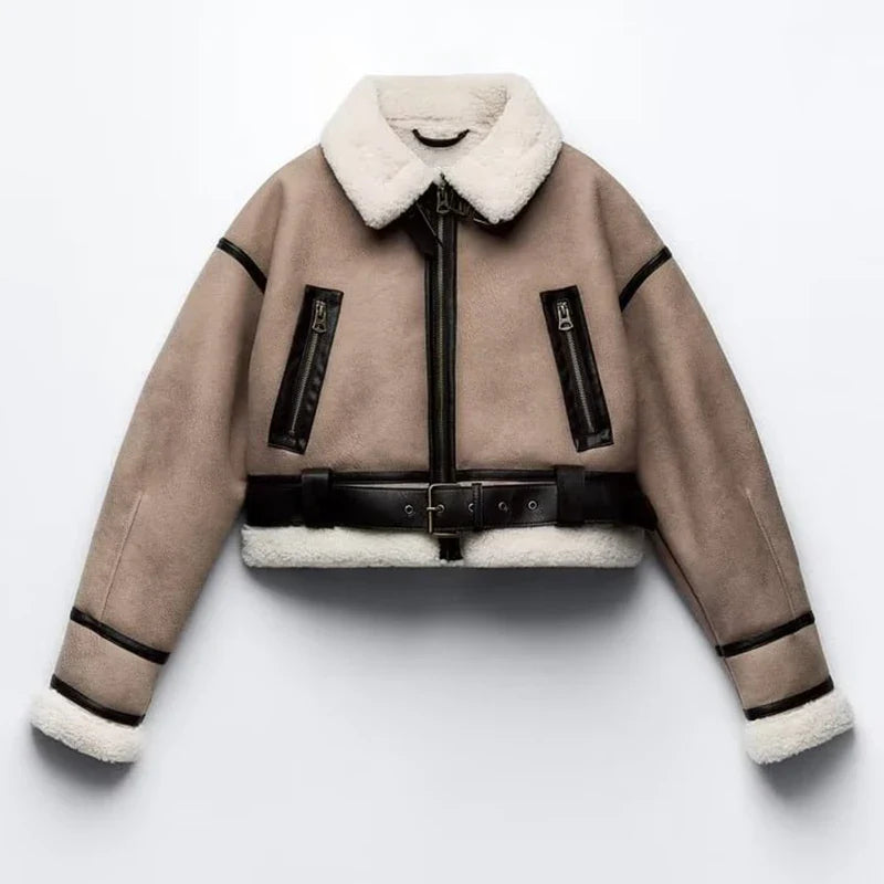 Women Y2K Faux Fur Patchwork Short Coat Long Sleeve Zip Up Fleece Cropped Jacket Autumn Winter Fashion Female Outwears