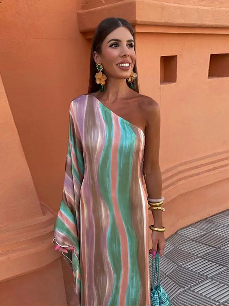 Women Colorful Striped Tie Dye One Shoulder Dress Fashion Diagonal Collar Long Sleeve Dresses 2024 Female High Street Vestidos