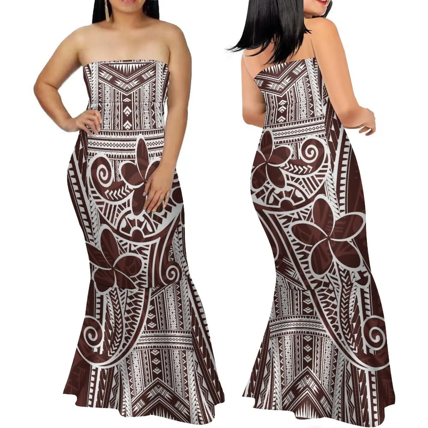 Strapless Hawaii Print Dress Polynesian Dress Mermaid Ruffle Bottom Samoa Maxi Skirt Polenesian Print Tribal Design