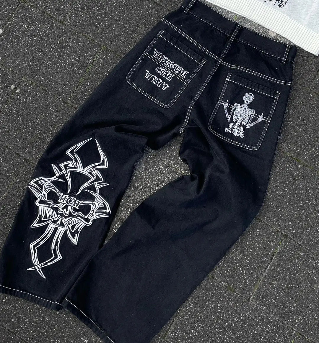 warmmeta Y2k American High Street Hip Hop Skull Embroidered Jeans Men's Gothic Harajuku Fashion Loose Straight Leg Wide Leg Pants