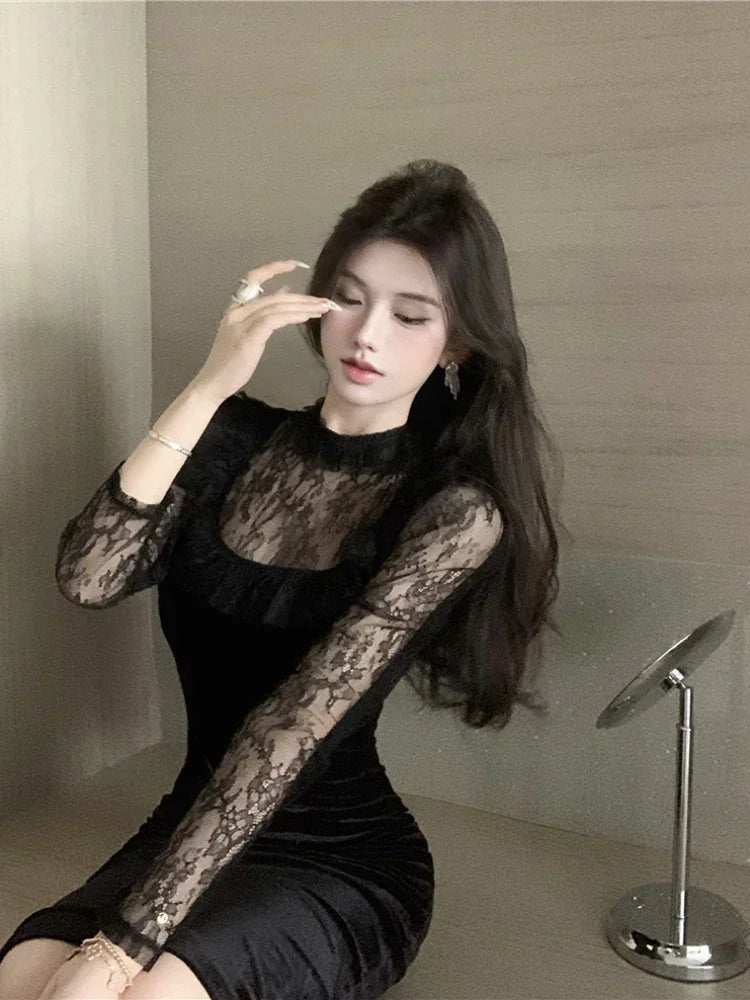 WARMMETA Vintage Elegant Dresses Women Lace Ruffles Patchwork Velvet Long Sleeve Slim Stretch Split Temperament Dress Ladies Black